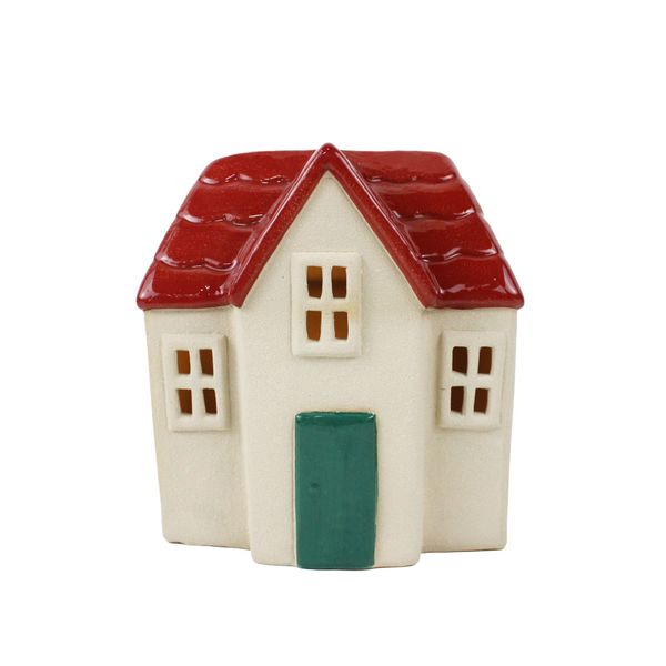 Stoneware House with Red Roof Ornament - LED Warm White - H13cm
