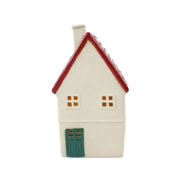 Stoneware House with Chimney/Red Roof Ornament - LED Warm White - H16cm