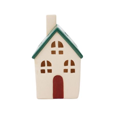 Stoneware House with Chimney /Green Roof Ornament - LED Warm White - H16cm