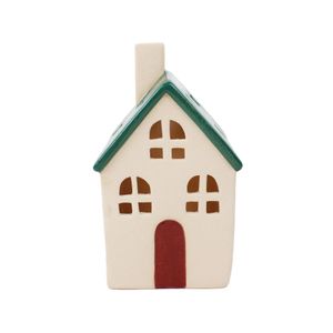 Stoneware House with Chimney /Green Roof Ornament - LED Warm White - H16cm