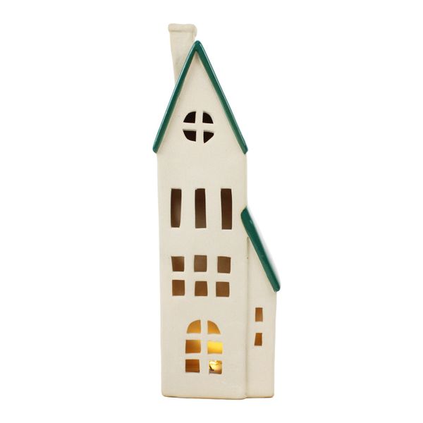 Stoneware Tall House Ornament - LED Warm White - H29cm