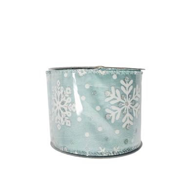 Blue Ribbon with Snowflakes - Wired Edge - 63mm x 10yds