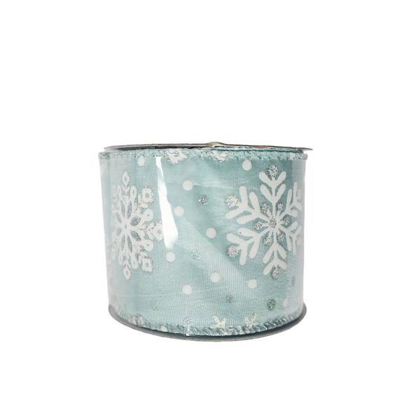 Blue Ribbon with Snowflakes - Wired Edge - 63mm x 10yds