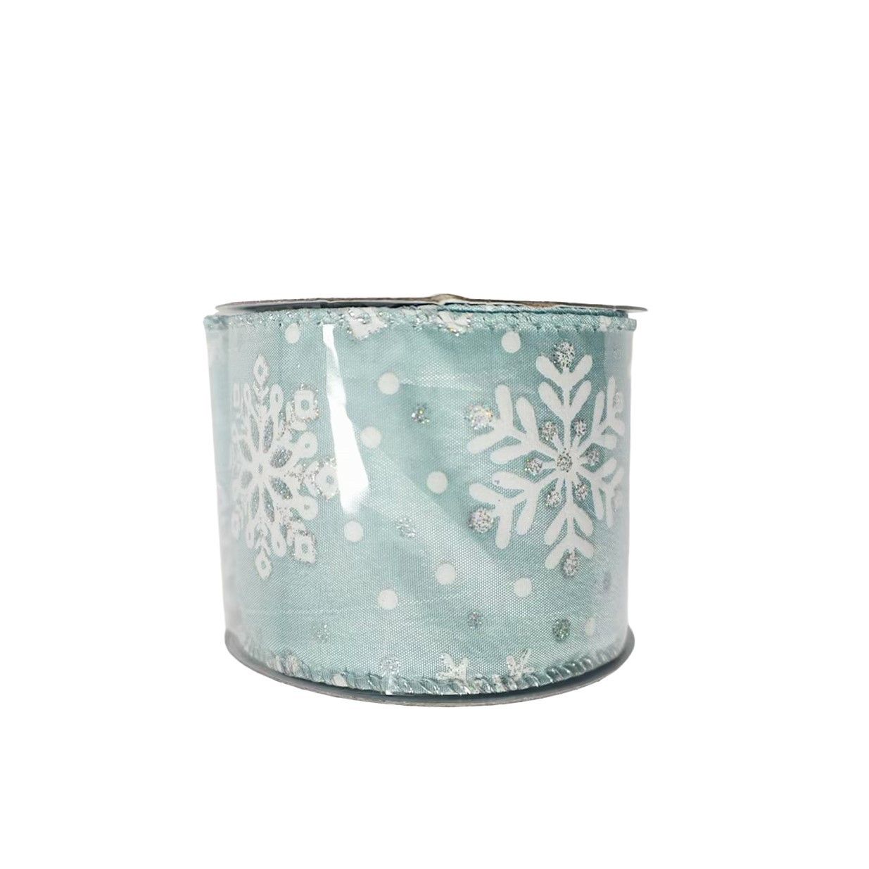 Blue Ribbon with Snowflakes - Wired Edge - 63mm x 10yds