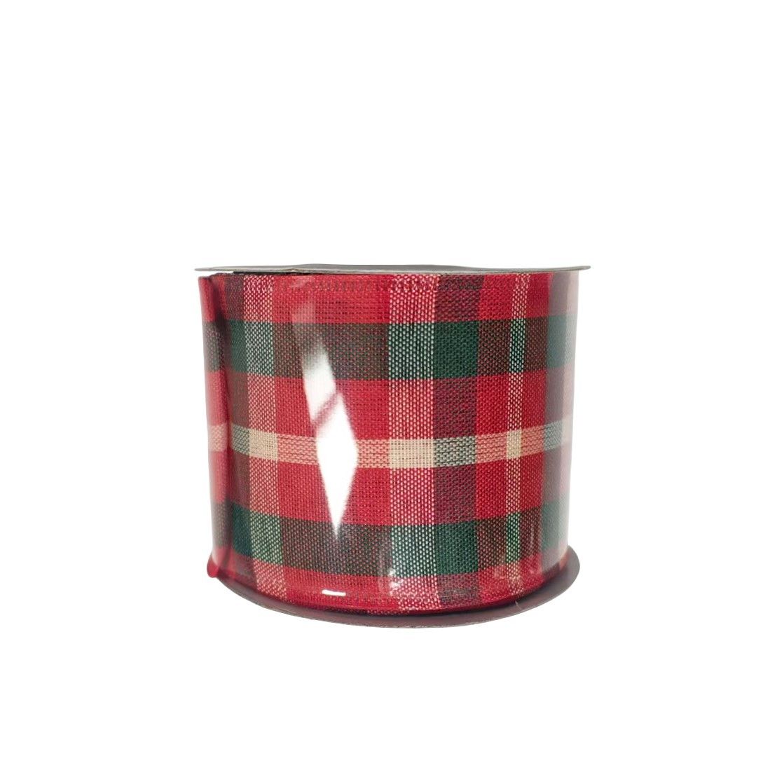 Red, Green & Beige Tartan Ribbon -Wired Edge - 63mm x 10yds