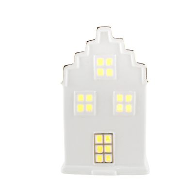 Ceramic House Ornament with Square Windows - White - LED Warm White - H11cm