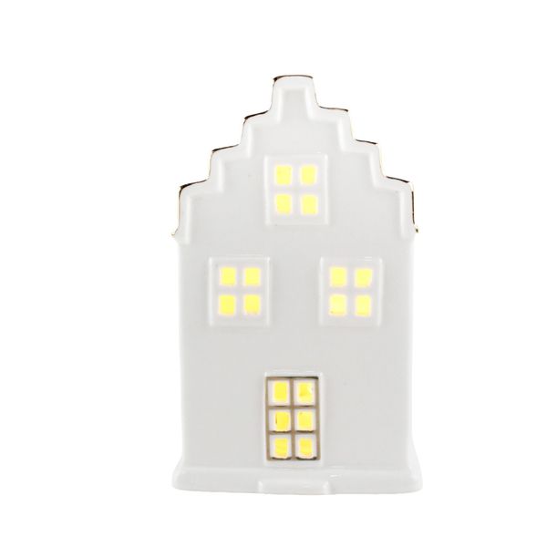 Ceramic House Ornament with Square Windows - White - LED Warm White - H11cm