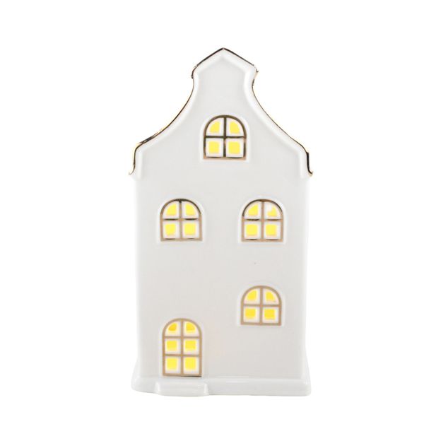 Ceramic House Ornament with Arched Windows - White - LED Warm White - H15cm