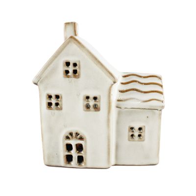 Stoneware House Ornament - White - LED Warm White - H13cm