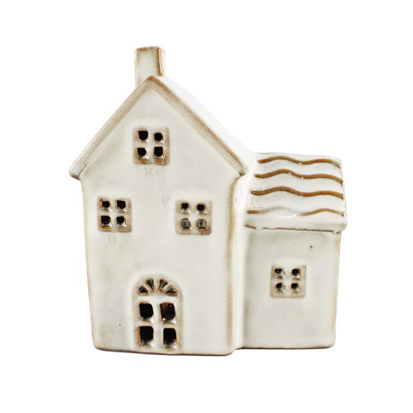 Stoneware House Ornament - White - LED Warm White - H13cm
