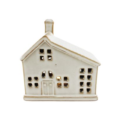 Stoneware House with Sloping Roof Ornament - White - LED Warm White - H12cm
