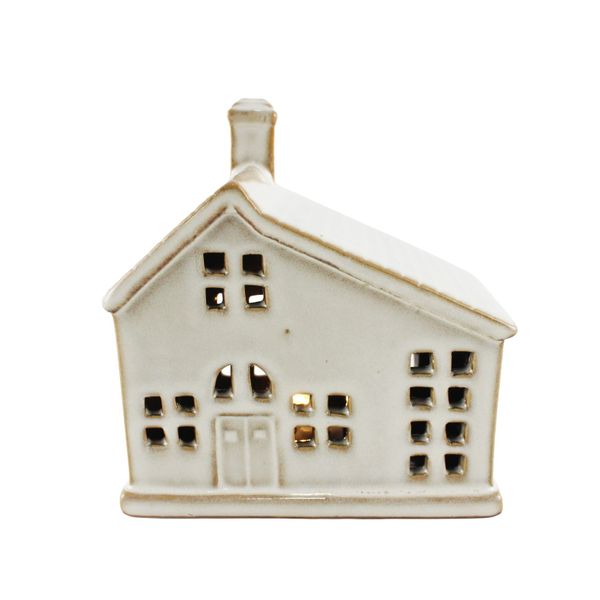 Stoneware House with Sloping Roof Ornament - White - LED Warm White - H12cm