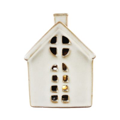 Stoneware House Ornament - Small - White - LED Warm White - H11cm