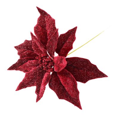 Glitter Poinsettia Pick - 22cm - Burgundy