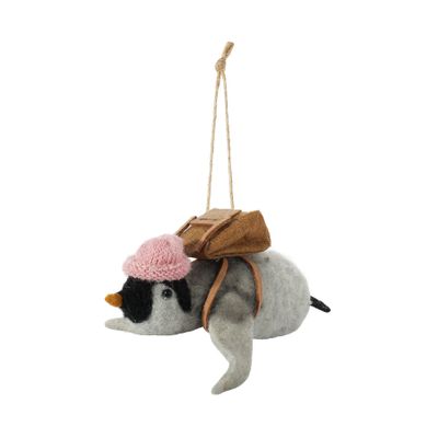 Felt Sliding Penguin in a Pink Hat Hanging Decoration - H7.5cm