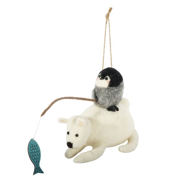 Felt Polar Bear and Fishing Penguin Hanging Decoration - H14cm