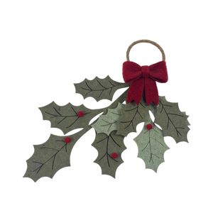 Felt Holly Leaves with Berries & Bow Hanging Decoration