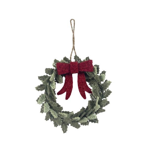 Felt Leaf Garland with Red Bow Hanging Decoration  - 10cm