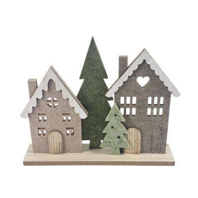Felt Houses with Trees on Wooden Base - H20.7cm