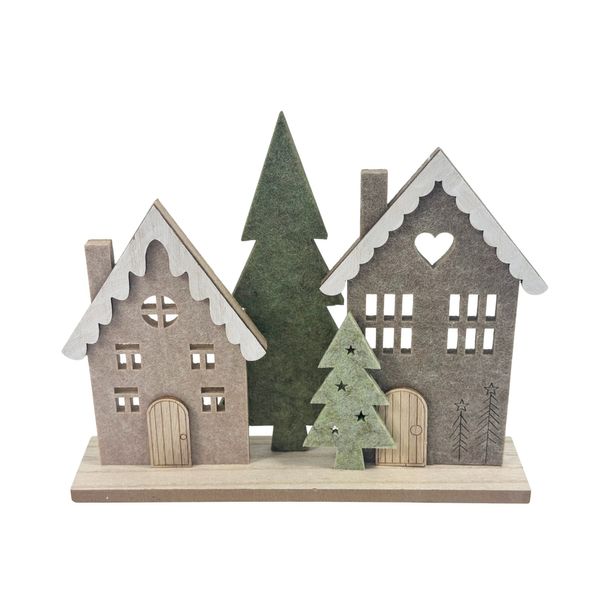 Felt Houses with Trees on Wooden Base - H20.7cm