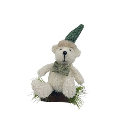 Curly Bear with Bowtie on Stump  Ornament - H14cm