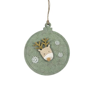 Felt Flat Bauble shaped Hanger with Wooden Reindeer Face  
