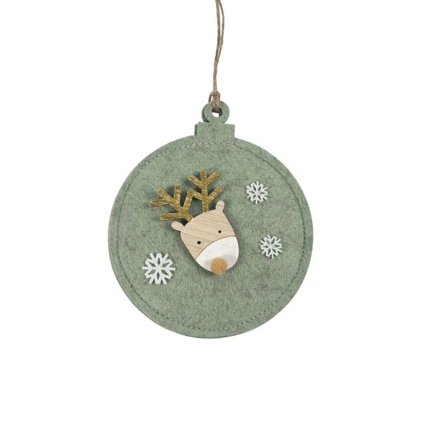 Felt Flat Bauble shaped Hanger with Wooden Reindeer Face  