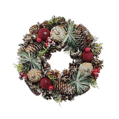 Weath - Natural Cones / Flocked Red Baubles -30cm