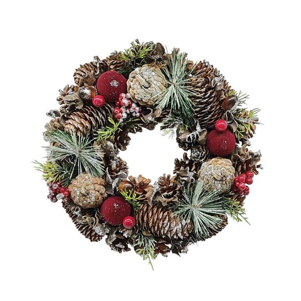 Weath - Natural Cones / Flocked Red Baubles -30cm