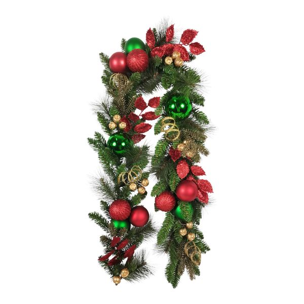 Mixed Foliage & Bauble Garland - Red / Green / Gold - 182cm