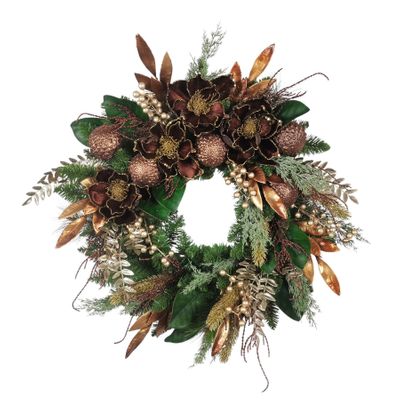 Mixed Foliage, Bauble & Magnolia Wreath - Brown - 60cm