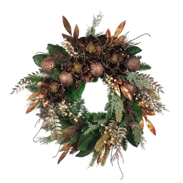 Mixed Foliage, Bauble & Magnolia Wreath - Brown - 60cm