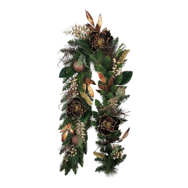 Mixed Foliage, Bauble & Magnolia Garland - Brown - 182cm