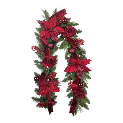 Rose, Poinsettia & Bauble Garland - Burgundy - 182cm