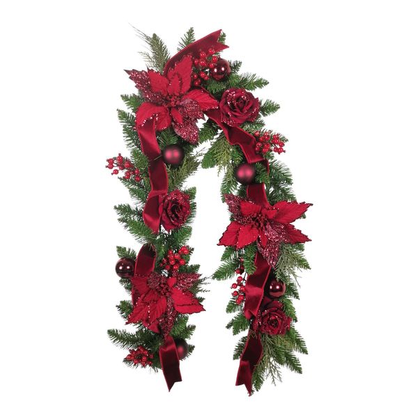 Rose, Poinsettia & Bauble Garland - Burgundy - 182cm