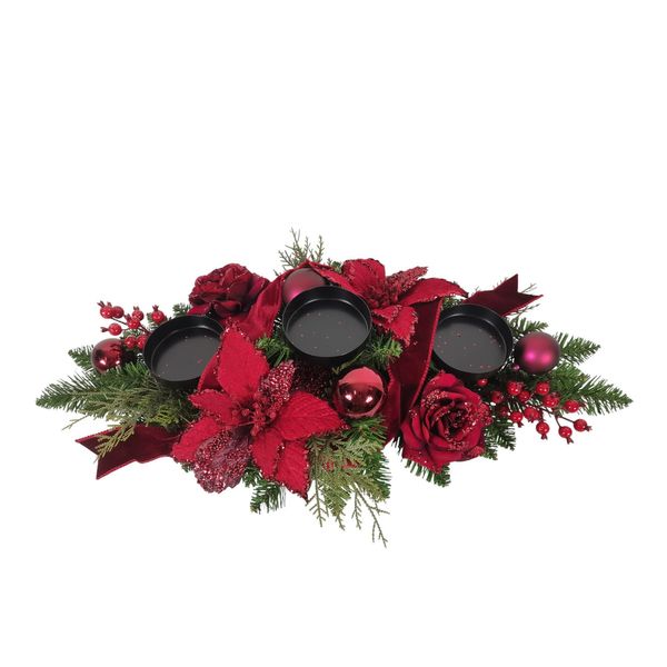 Rose, Poinsettia & Bauble Garland Candle Holder Centre Piece - Burgundy -71cm