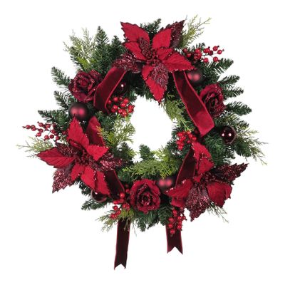 Rose, Poinsettia & Bauble Wreath - Burgundy - 60cm