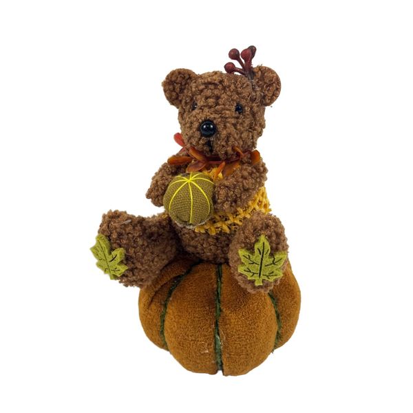 Fabric Bear on a Pumpkin Ornament - H16.5cm