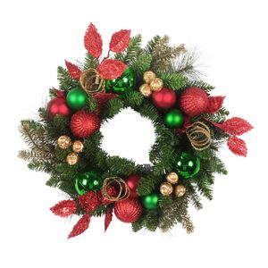 Mixed Foliage & Bauble Wreath - Red / Green / Gold - 45cm
