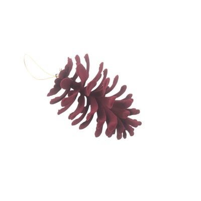 Flocked  Open Pinecone Hanging Decoration - Burgundy - 15cm