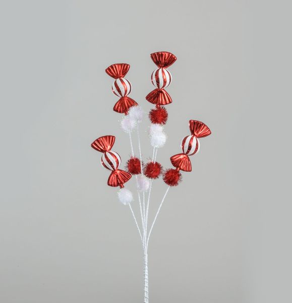 58cm Candy/PomPom Spray Red/Wht