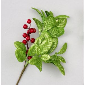 34cm Glitter Leaf/Berry Spray Gree