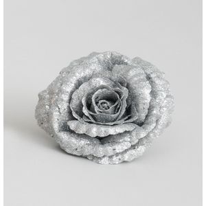 18cm Glitter Rose w/Clip Silver