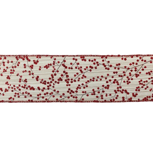 2.5" X 10Y Double Wired Red Shiny Berry on Natural Ribbon Garland