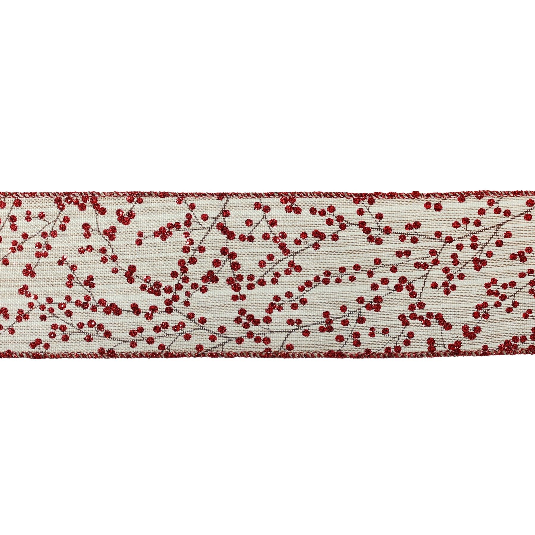 2.5" X 10Y Double Wired Red Shiny Berry on Natural Ribbon Garland