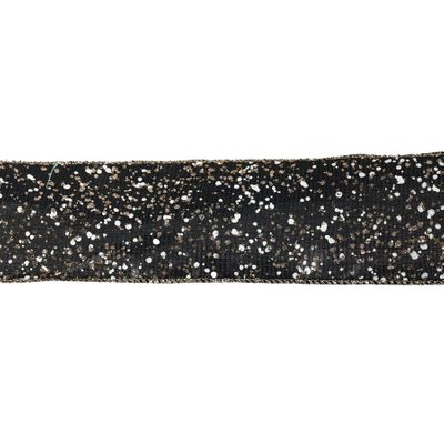 2.5" X 10Y Double Wired Black Ribbon White Gold Glitter