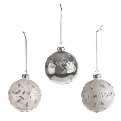 Bauble Glitter Leaf Design Glass 3Ast