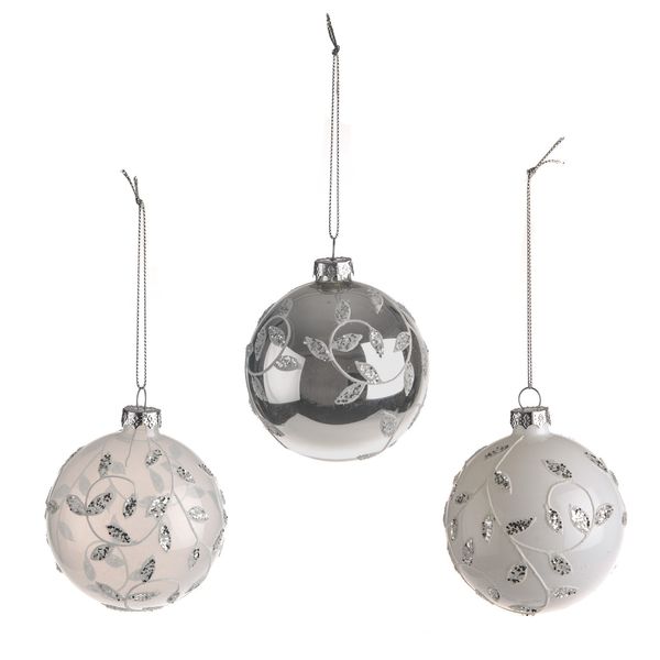 Bauble Glitter Leaf Design Glass 3Ast