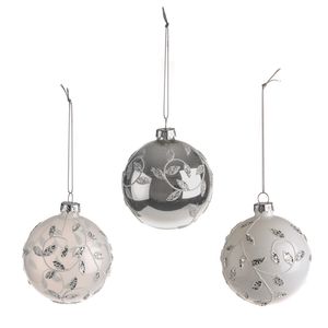 Bauble Glitter Leaf Design Glass 3Ast