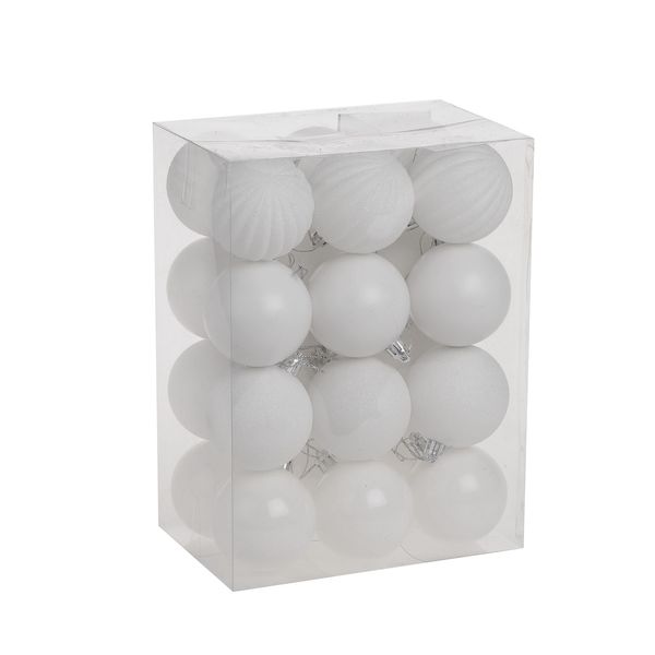 White 6cm Plastic Ball in tube (matt,shiny,glitter, Ribbed) x 50